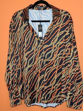 Fashion Nova Black Blouse with Gold and Orange Chain Print